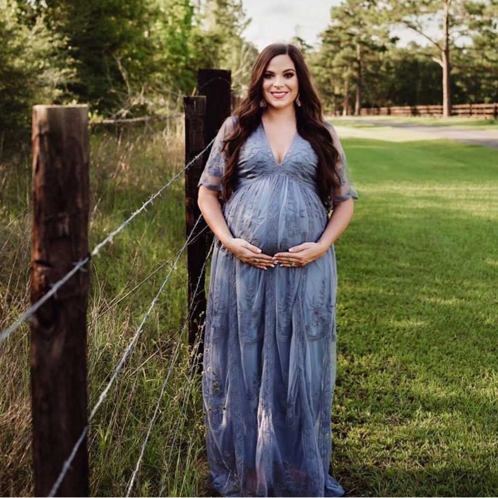 Blue Lace Mesh Overlay Maternity Maxi Dress